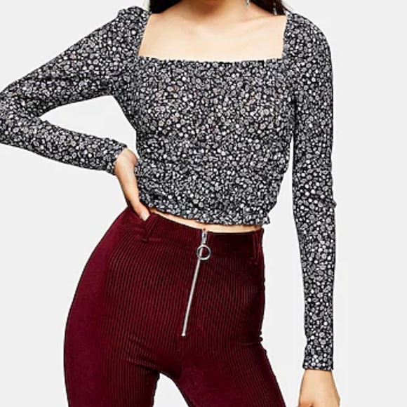 TOPSHOP FLORAL LONG SLEEVE POINTELLE PRAIRIE TOP - Picture 2 of 8